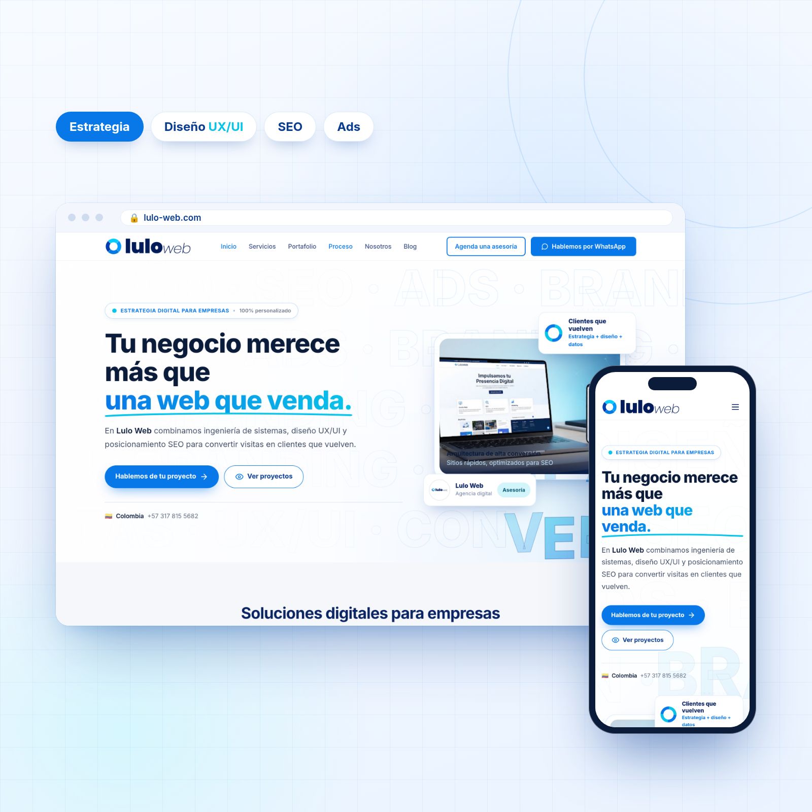 Sitio web de Lulo Web mostrado en un navegador de escritorio y en un celular